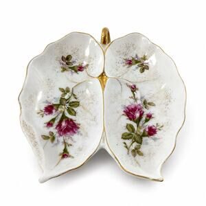 Marco Porcelain Leaf Divided Candy Nut Relish Dish Pink Roses Gold Trim 7”